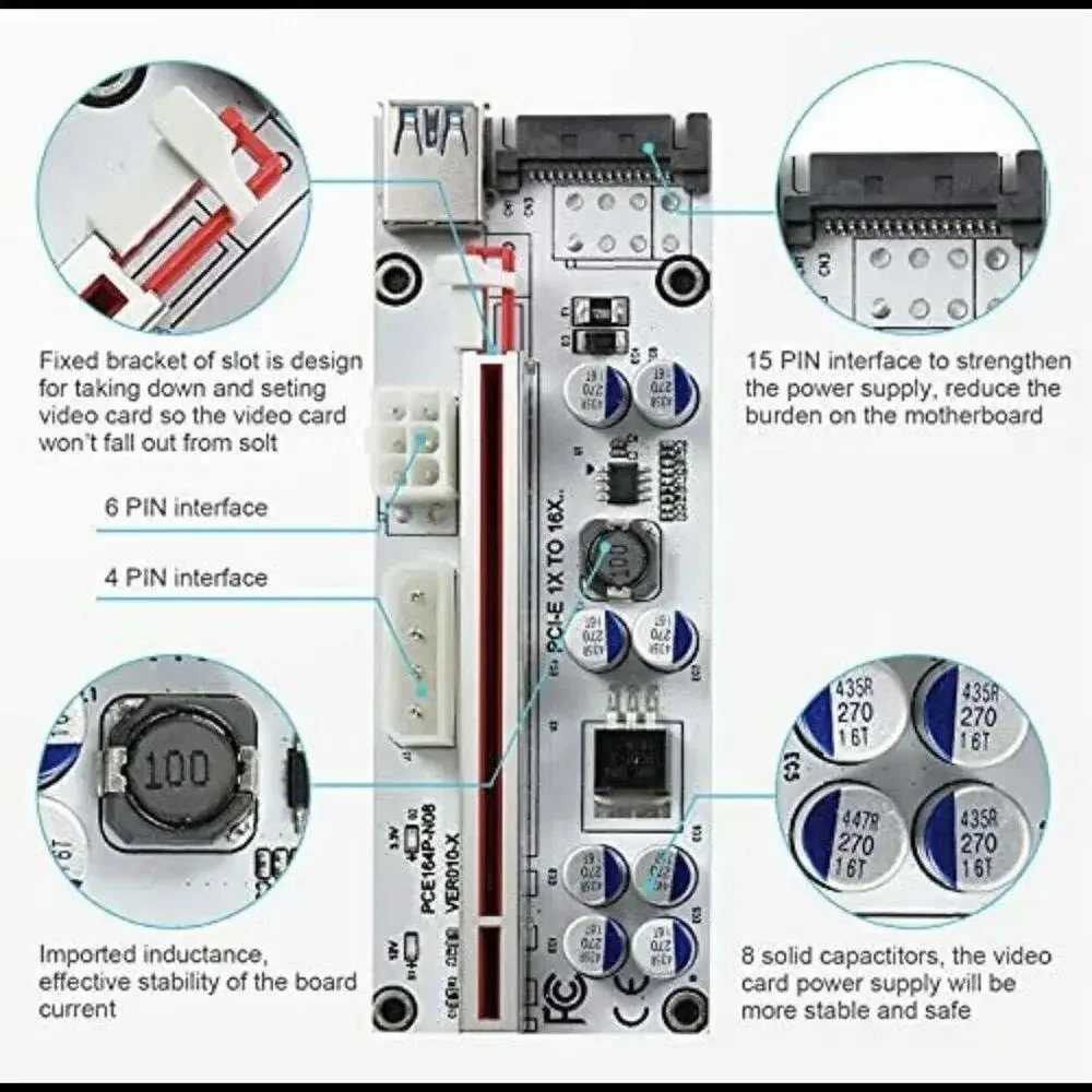 BEYIMEI Mining Riser Card,PCI-E 1X to 16X Adapter Card,with 0.6 m USB 3.0 Extens